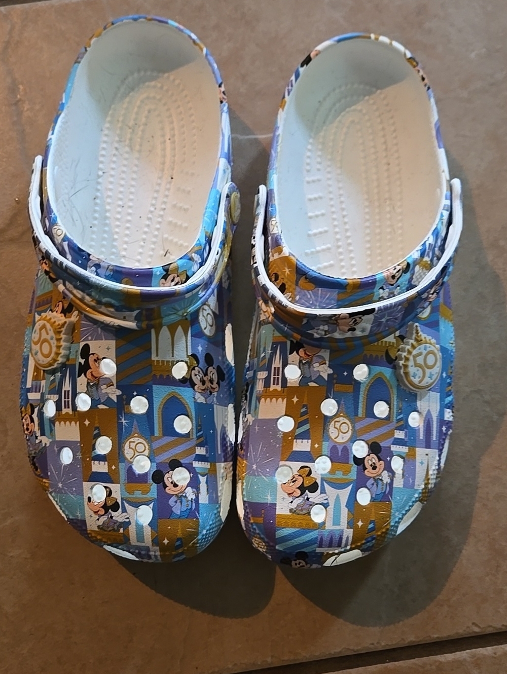 CROCS Womens' Disney Mickey Pattern Clogs in Blue, White and Gold. M8/W10